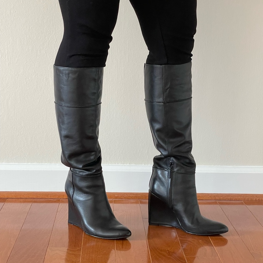 TORY BURCH “Linnett” Black Knee-High Wedge Leather Boots - Sz 7.5